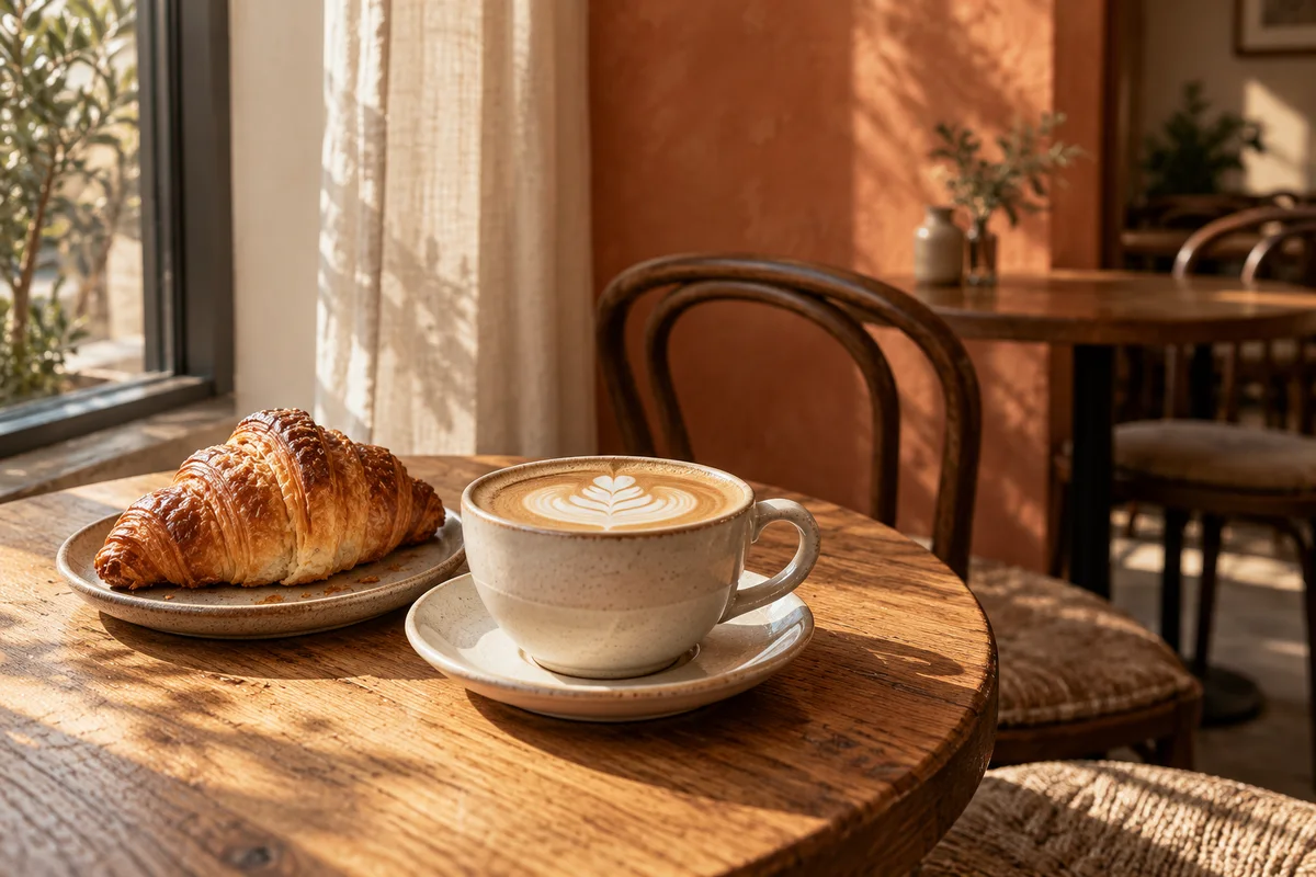 Illustrative flat white and croissant on a sunlit café table